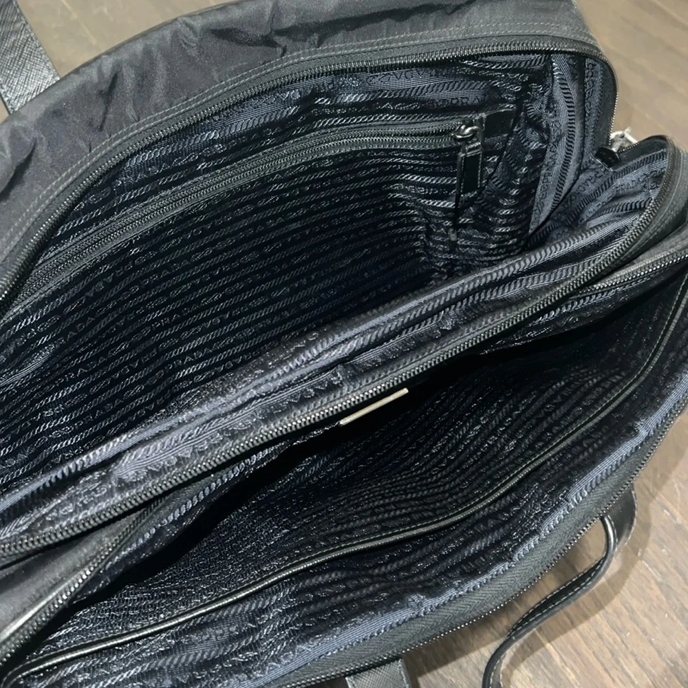 Prada black re-nylon and saffiano leather laptop messenger bag